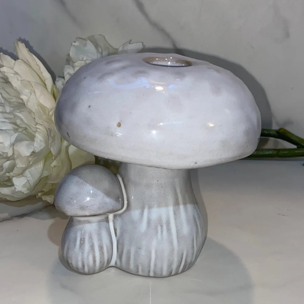 Ceramic Mushroom Sculpture Candle Holder- White and Gray